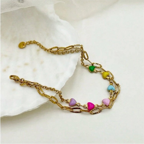 Jewelry - Gorgeous 2-in-1 Gold Plated Chain & Multi Candy Heart Charm Bracelet OS New